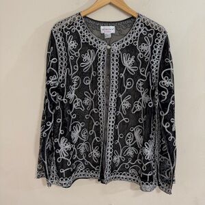 Victor Costa Sheer Black Silver Metallic Embroidery Open Jacket size 1X Events